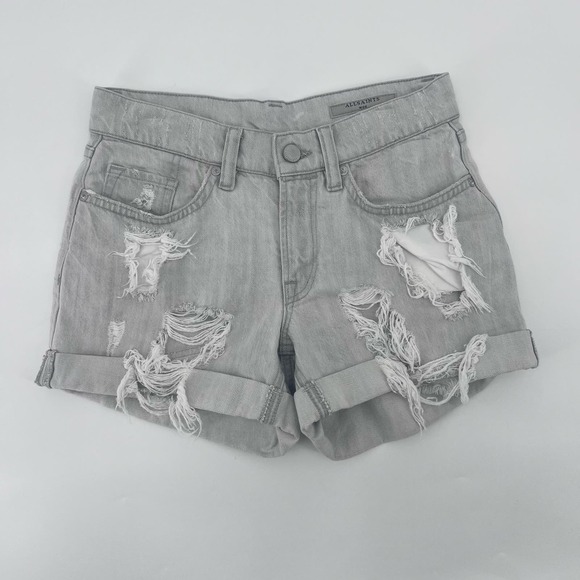 AllSaints Pam Distressed Jean Shorts Womens 25 Light Gray Denim Cuffed - Picture 1 of 8